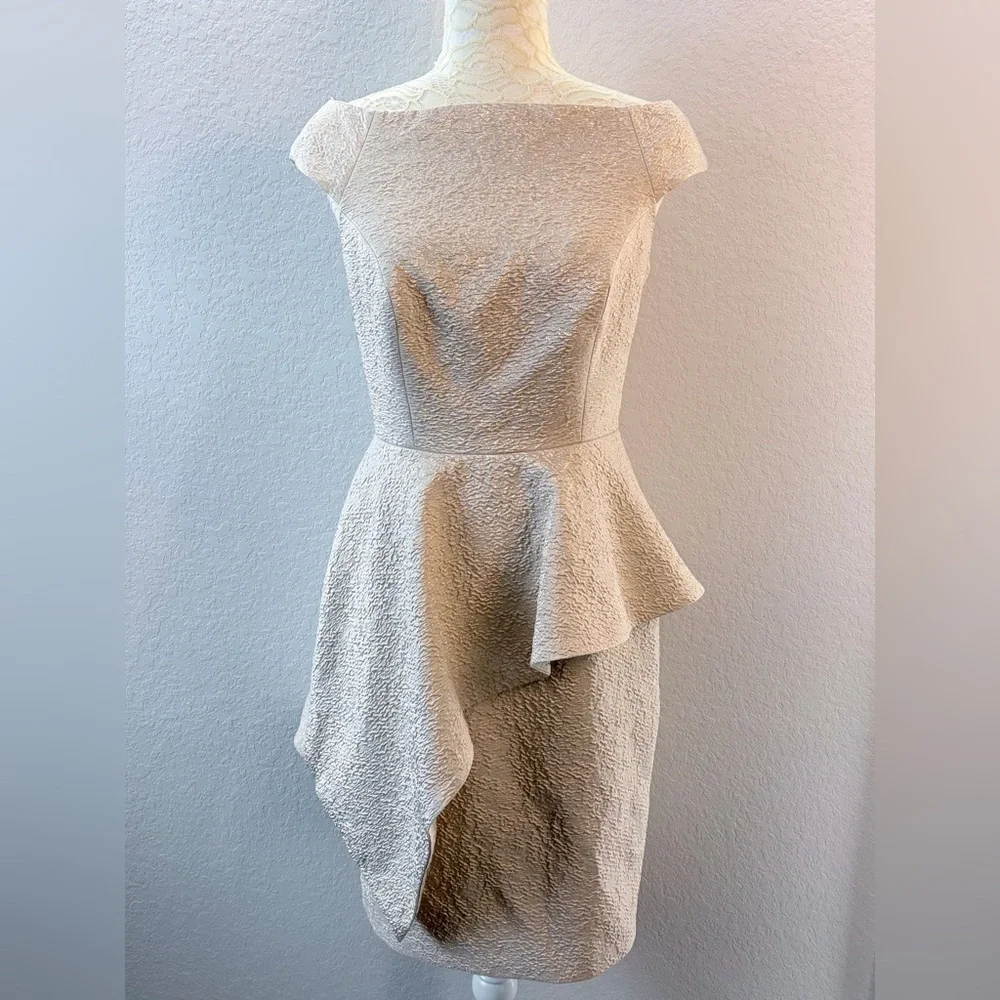 Rickie Freeman Teri Jon Peplum Gold Metallic Textured Jacquard Asymmetric Dress - Picture 3 of 11